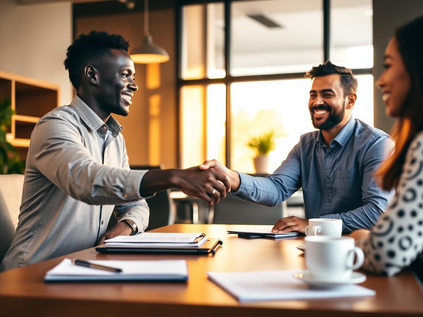 An account manager shaking hands with a client across a meeting table