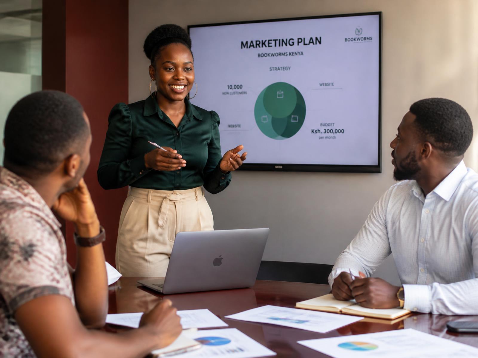 An ISA graduate presenting a marketing plan to a client team