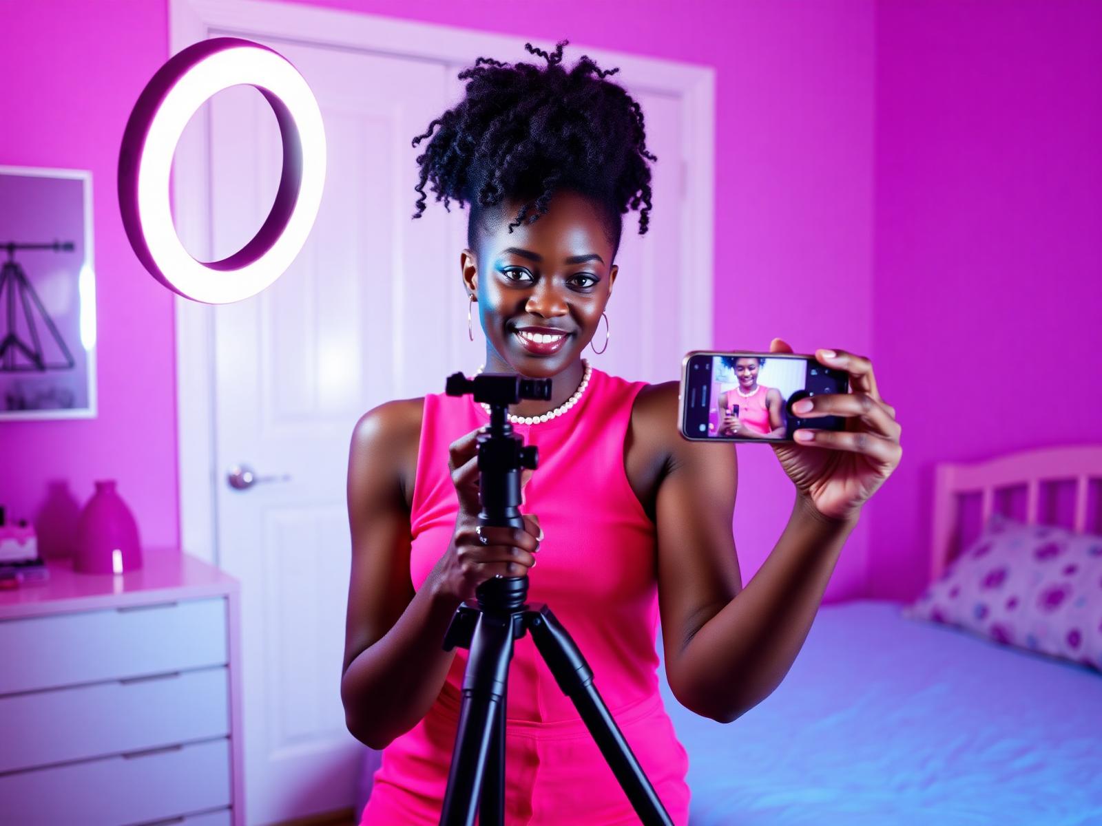 A young African creator filming content with a ring light and phone