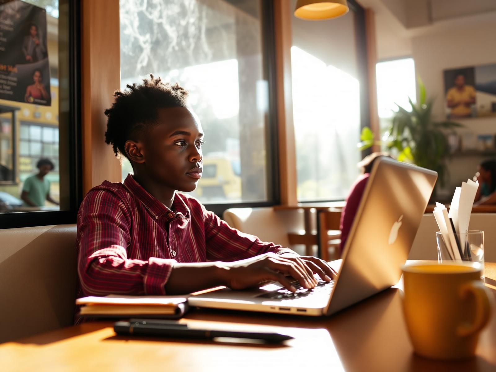 A marketer writing an article on a laptop in Nairobi