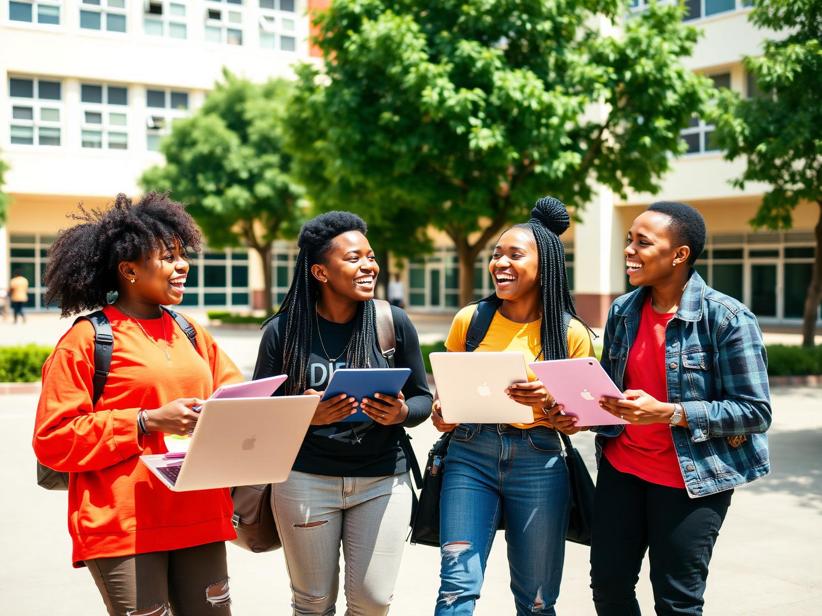 Four university students laughing together on a sunny Nairobi campus