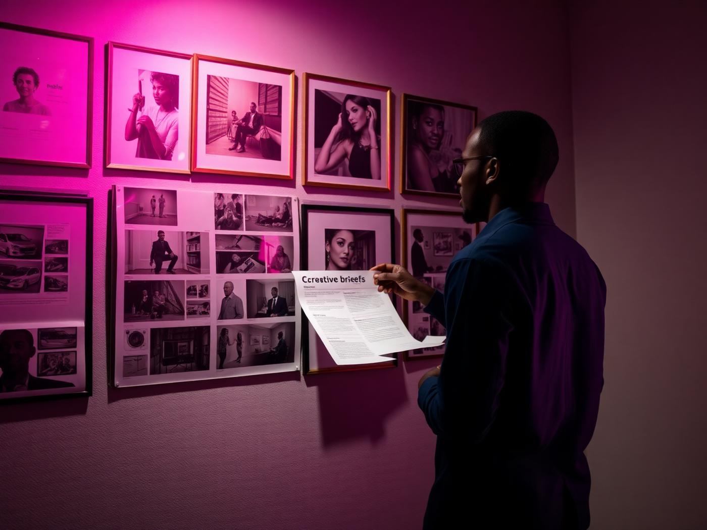 A creative reviewing storyboards and a creative brief on a studio wall